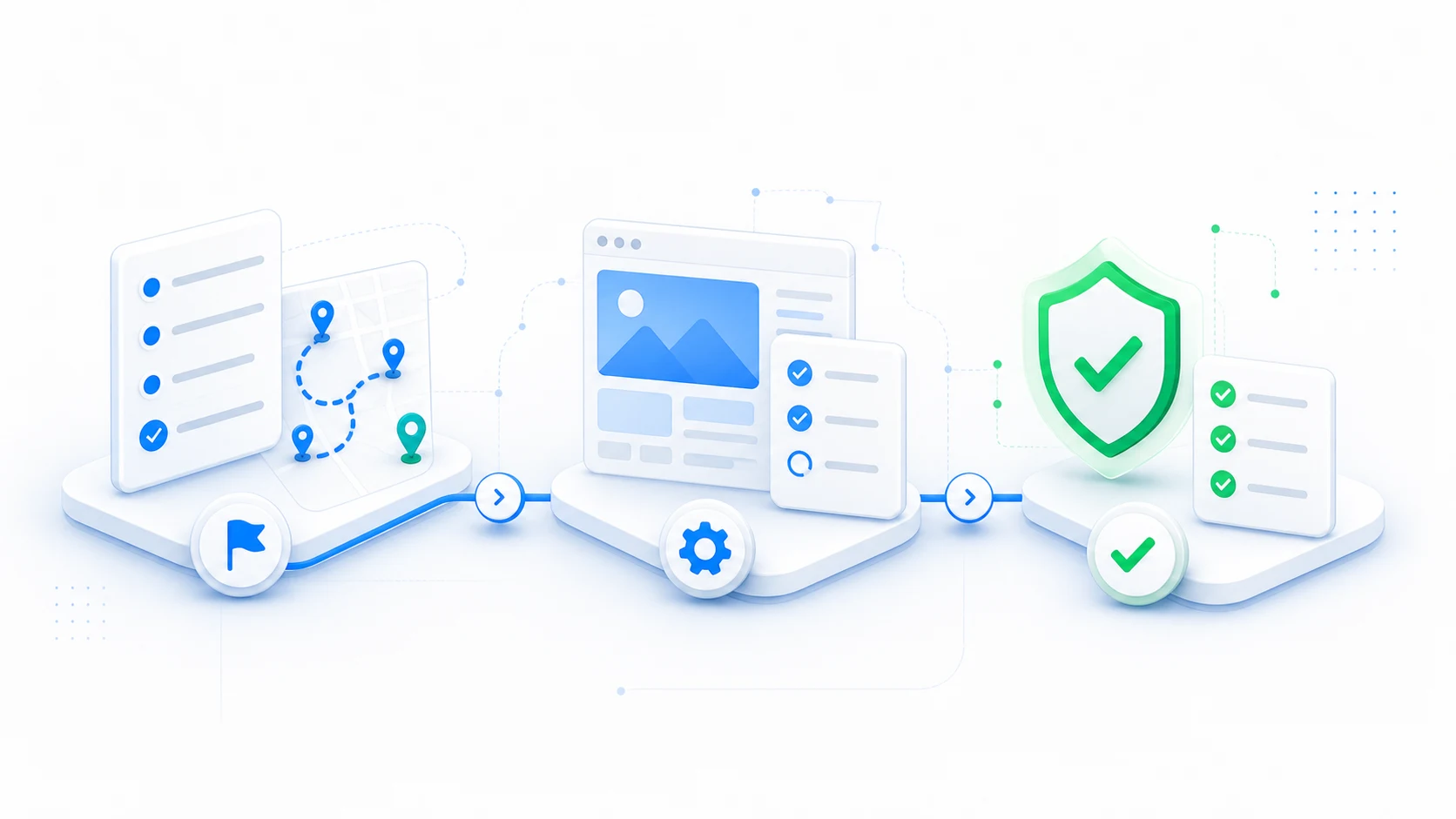 A WordPress content route moving through preparation, controlled migration, and post-launch validation checkpoints