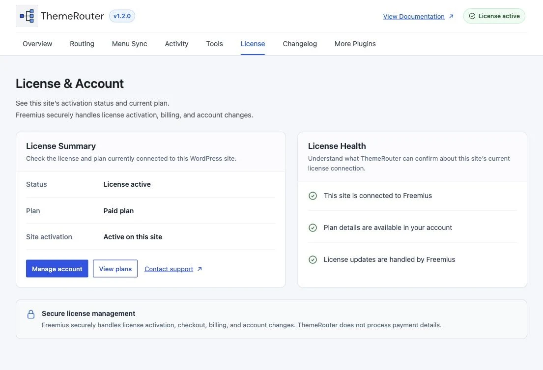 ThemeRouter License and Account screen showing site activation status, current plan, and account actions