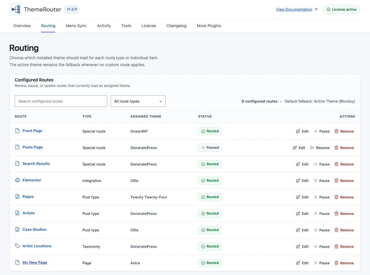 ThemeRouter routing dashboard showing configured WordPress routes, assigned themes, route status, and active-theme fallback controls