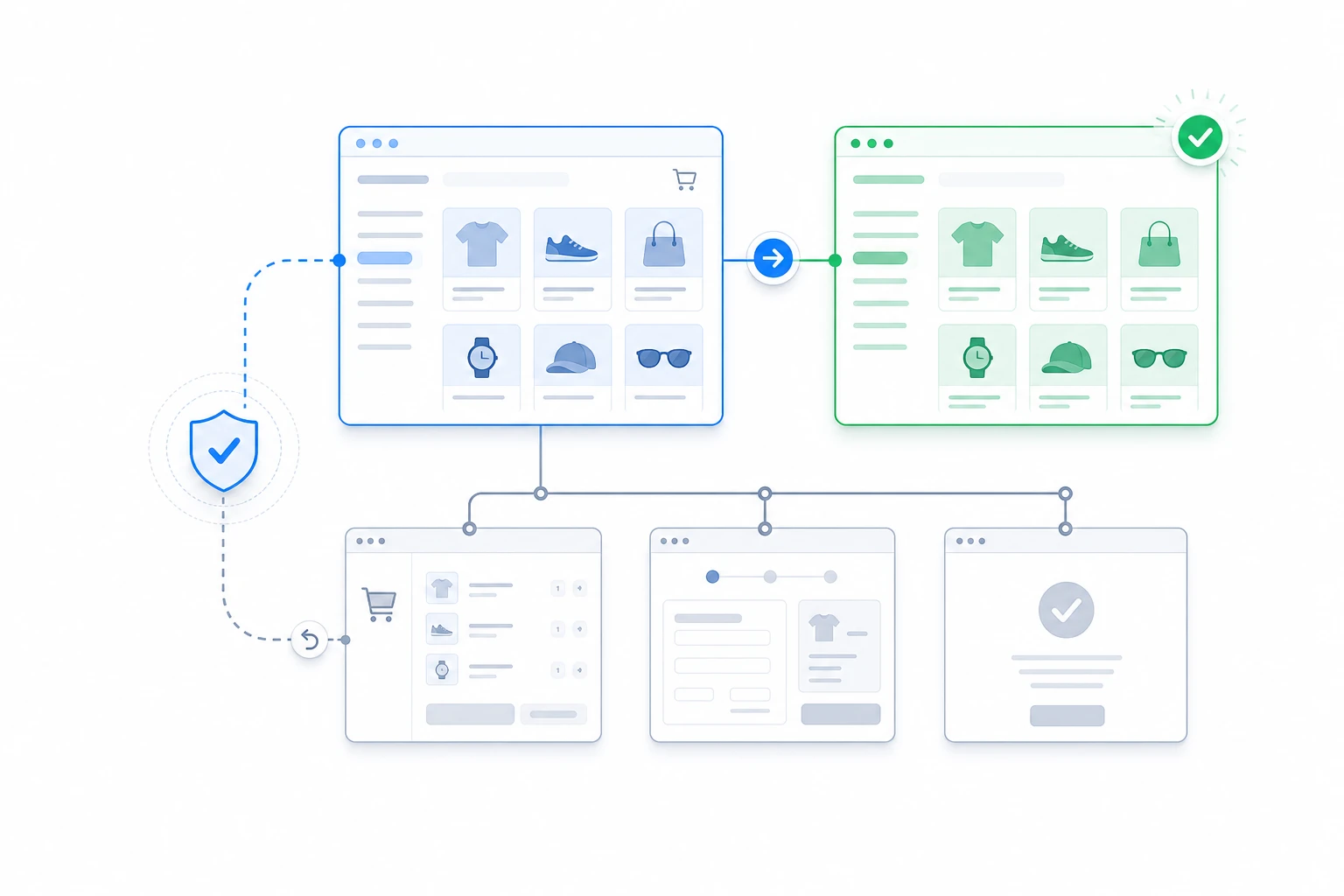Illustration of a WooCommerce catalog route moving to a redesigned theme while cart and checkout remain on the current theme